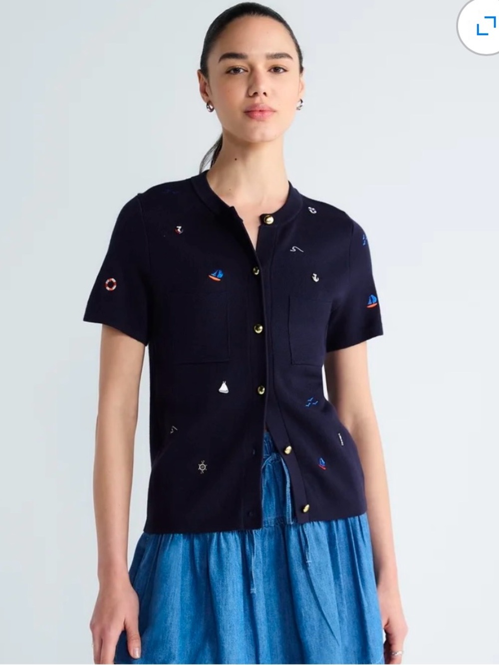 Free Assembly Navy Short-Sleeve Nautical Embroidered Cardigan